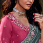 Teal Embroidered Designer Silk Saree with Pink Blouse