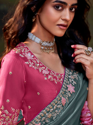 Teal Embroidered Designer Silk Saree with Pink Blouse