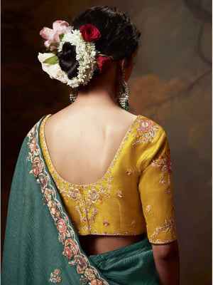 TEAL GREEN DESIGNER ORGANZA SILK SAREE WITH YELLOW CONTRAST BLOUSE