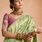 Mint Green Kanjivaram Silk Saree with Wine Embroidered Blouse – Perfect for Weddings & Festive Wear