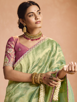 Mint Green Kanjivaram Silk Saree with Wine Embroidered Blouse – Perfect for Weddings & Festive Wear