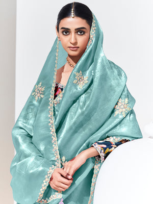 Aqua Blue Tissue Glass Silk Saree