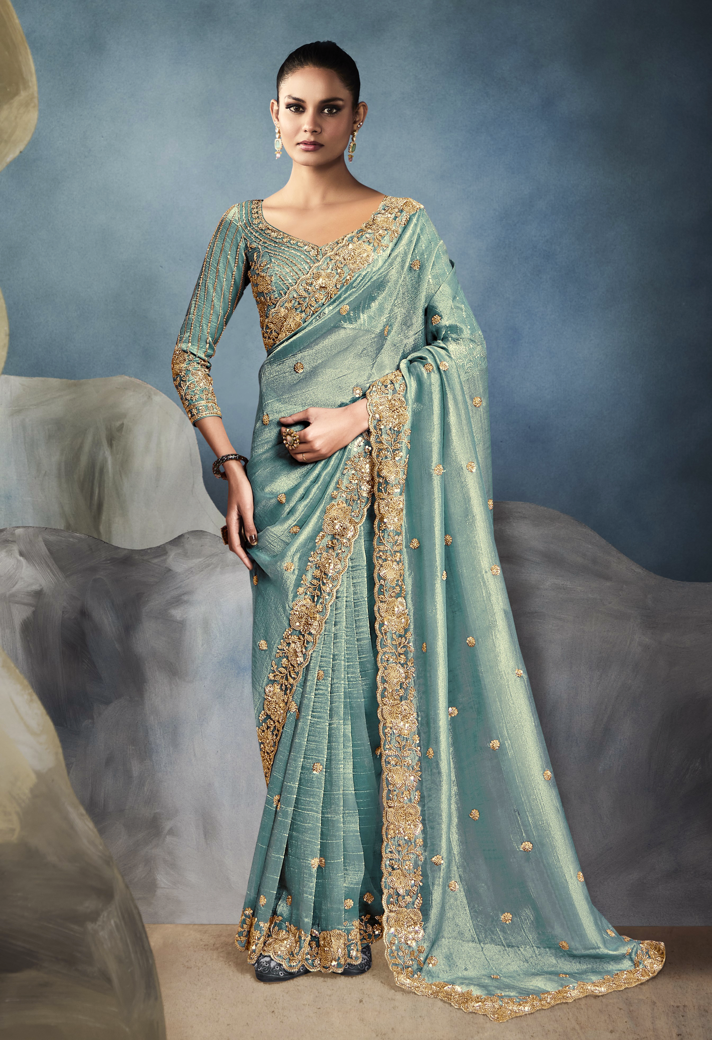 Neelima Zari Tissue Silk Saree In Sea Green