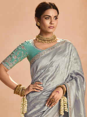 ELEGANT SILVER KANJIVARAM SILK SAREE WITH SEA GREEN EMBROIDERED BLOUSE