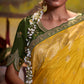 YELLOW PURE DOLA SILK SAREE WITH CONTRASTING GREEN EMBROIDERED BLOUSEE