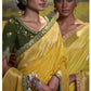 YELLOW PURE DOLA SILK SAREE WITH CONTRASTING GREEN EMBROIDERED BLOUSEE