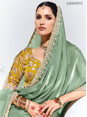 Green Organza Saree with Crushed Texture & Floral Print Blouse