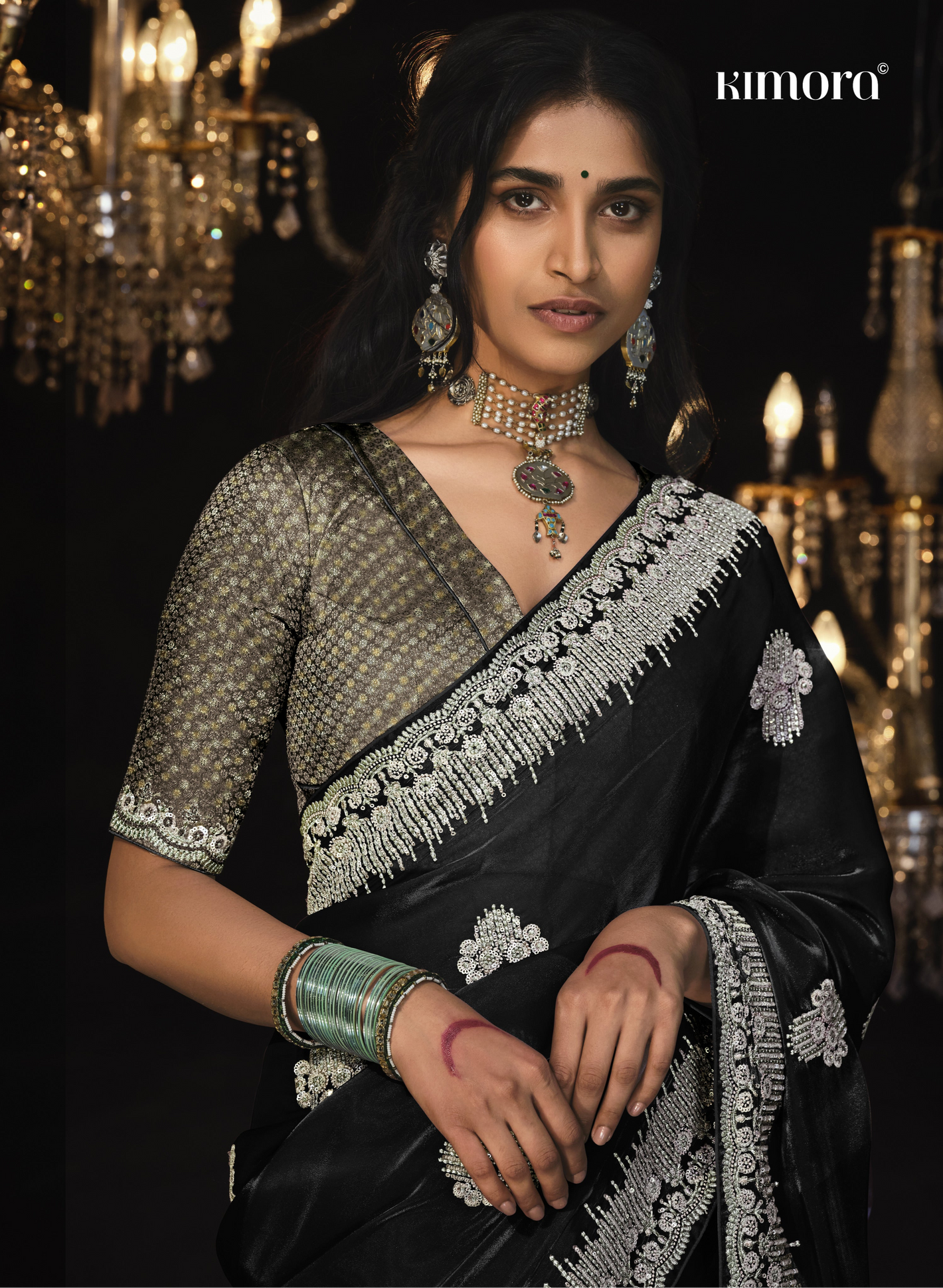 Black Kanjivaram Silk Saree with Intricate Silver Zari Embroidery - Kimora Exclusive