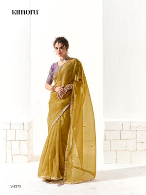 Mustard Tissue Silk Saree with Sequin Embellishments & Purple Embroidered Blouse