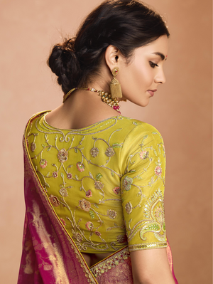 Red Kanjivaram Silk Saree with Lime Green Embroidered Blouse