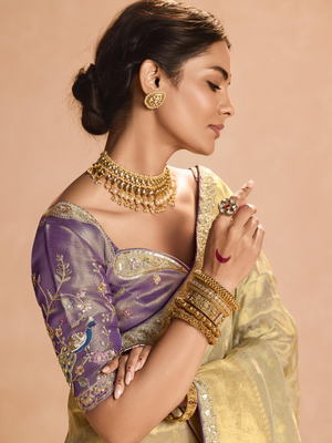 GOLD KANJIVARAM SILK SAREE WITH ROYAL PURPLE EMBROIDERED BLOUSE – TIMELESS GRACE