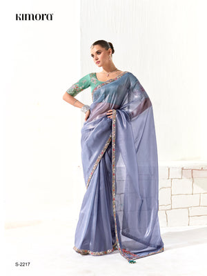 Premium Blue Organza Saree with Embroidered Green Blouse