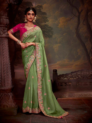 Sage Green Crushed Silk Saree with Royal Pink Embroidered Blouse