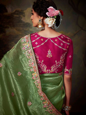 Sage Green Crushed Silk Saree with Royal Pink Embroidered Blouse