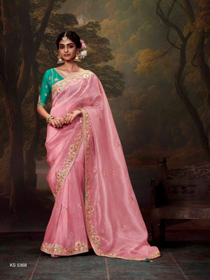 LIGHT PINK ORGANZA SAREE WITH EMBROIDERED BORDER