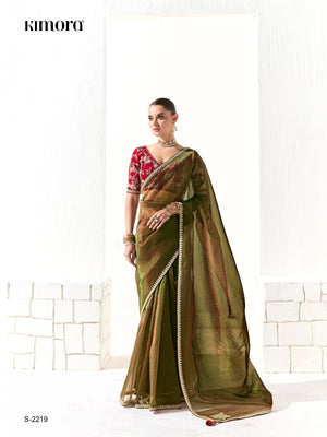 Mahendi green Tissue Silk Saree with Red Blouse – Inspired by Tradition & Bold EleganceMahendi green Tissue Silk Saree with Red Blouse