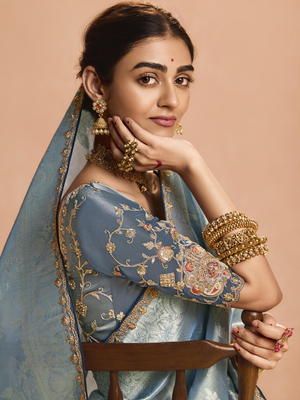 ELEGANT GREY KANJIVARAM SILK SAREE WITH EMBROIDERED BLOUSE