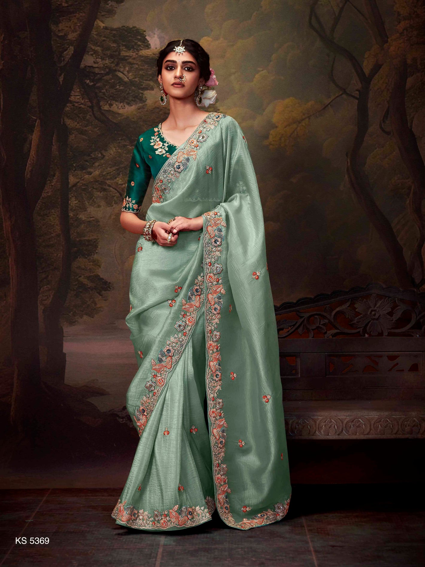 Regal Sea Green Tissue Silk Saree with Intricately Embroidered Bottle Green Blouse