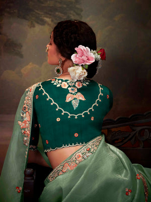 Regal Sea Green Tissue Silk Saree with Intricately Embroidered Bottle Green Blouse