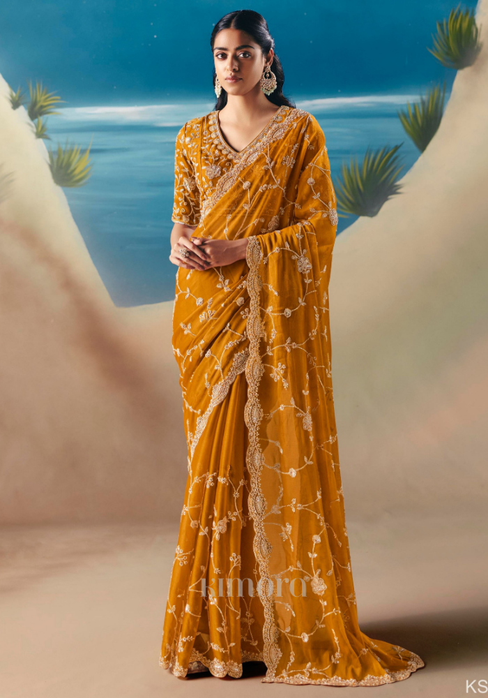 Diya Tissue Silk Hand Embroidered Bridal Saree In Mustard