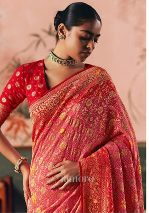 Sindhuri Khaddi Georgette Bandhej Saree In Red