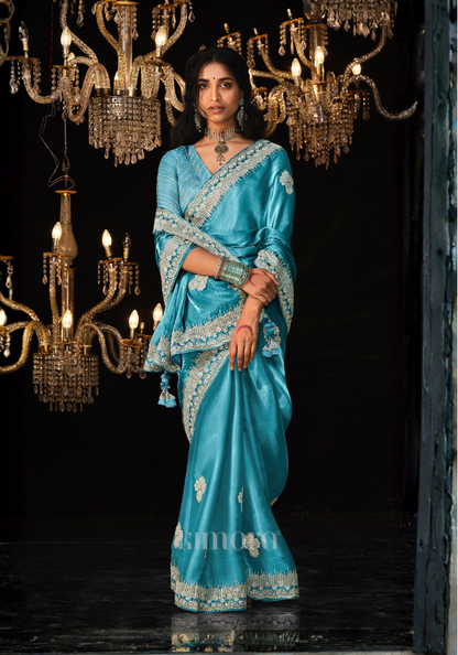 Blue Swan Premium Tissue Saree In Sky Blue