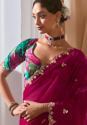 Raaya Organza Silk Embellished Flower Saree In Pink