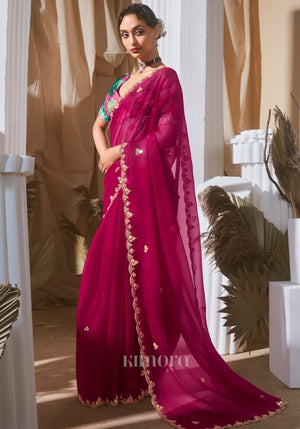 Raaya Organza Silk Embellished Flower Saree In Pink