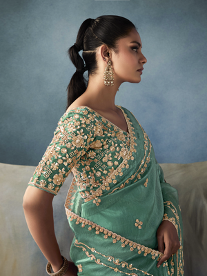 Sea Green Tissue Embroidered Fancy Heavy Border Saree