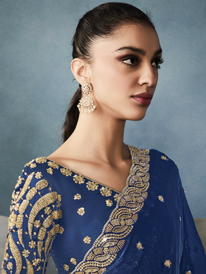 Navy Blue Tissue Embroidered Fancy Heavy Border Saree