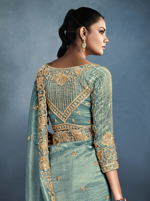 Sea Green Tissue Embroidered Fancy Heavy Border Saree