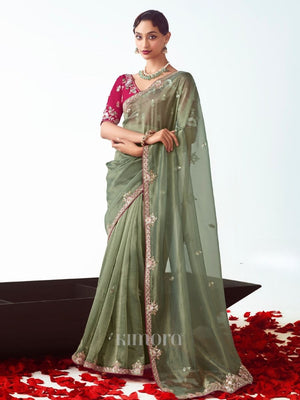 Olive Green Organza Silk Saree