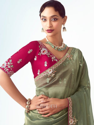 Olive Green Organza Silk Saree