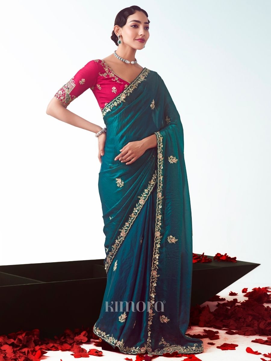 Ishara Tissue Silk Saree In Peacock Blue