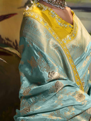 SEA GREEN PURE DOLA SILK FLORAL SAREE