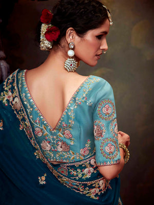 Teal Blue Organza Silk Saree