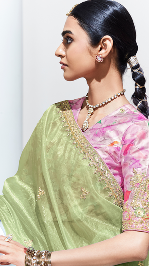Sea Green Organza Tissue Silk Saree with Crushed Texture