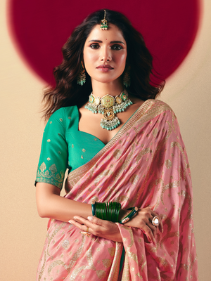Peach Weaving Banarasi Saree with Sea Green Blouse