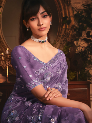 Party Wear Purple Fancy Fabric Saree with Floral Work