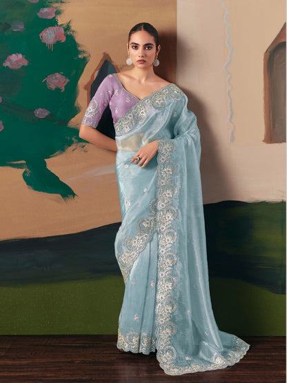 Light Blue Fancy Fabric Saree with Thread & Sequin Work and Lavender Blouse