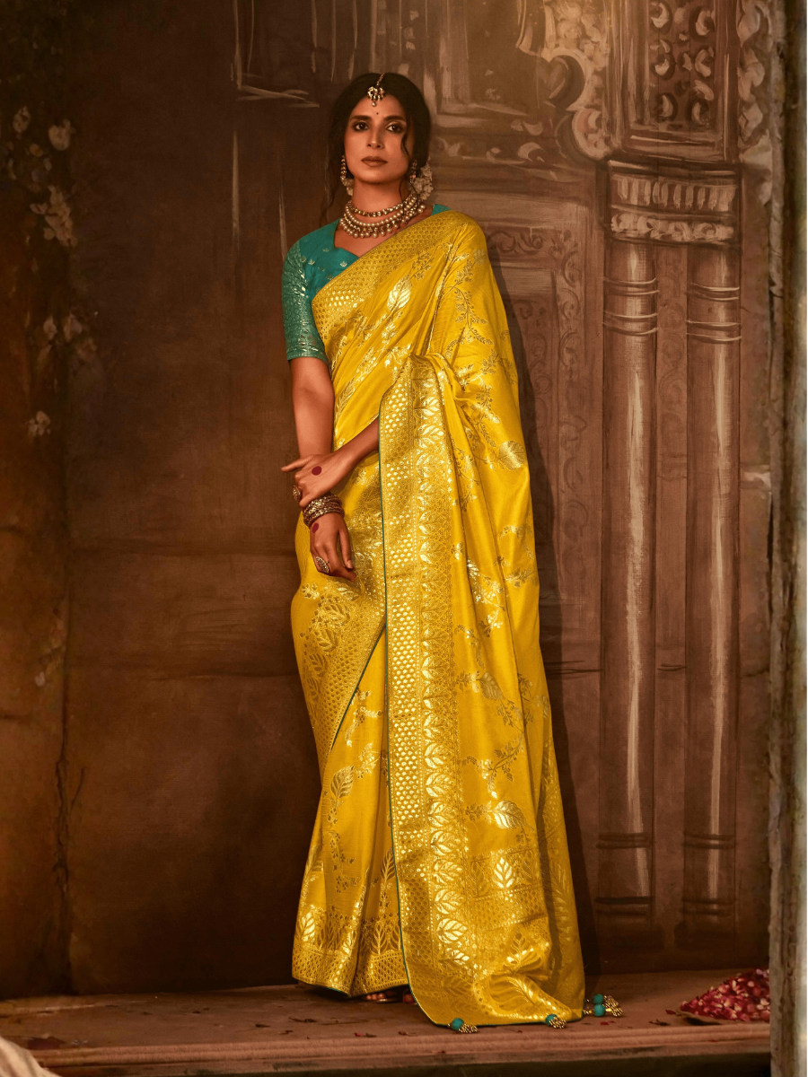 Radiant Yellow Banarasi Silk Saree with Teal Contrast Blouse & Golden Zari Work