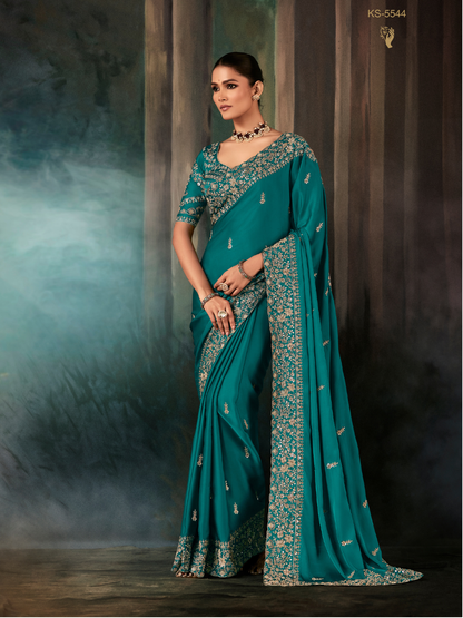Teal Fancy Silk Saree with Heavy Embroidery and Matching Blouse