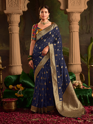Navy Blue Pure Silk Saree With Golden Border & Contrast Designer Blouse