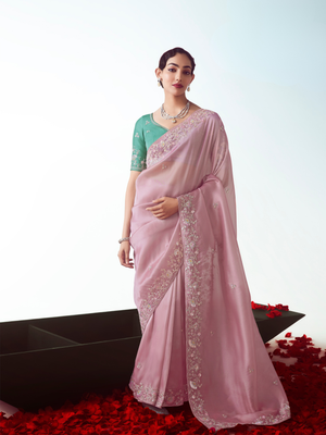 Baby Pink Organza Silk Saree with Green Silk Blouse – Zari & Sequins Work