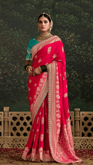 RED BANARASI DOLA SILK SAREE WITH GOLDEN ZARI WORK - Kimora.in