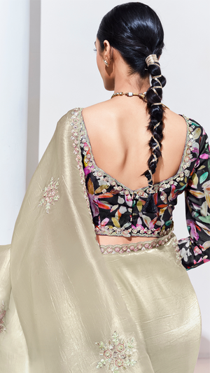 Beige Pure Tissue Silk Saree with Crushed Texture & Multicolor Floral Print Blouse