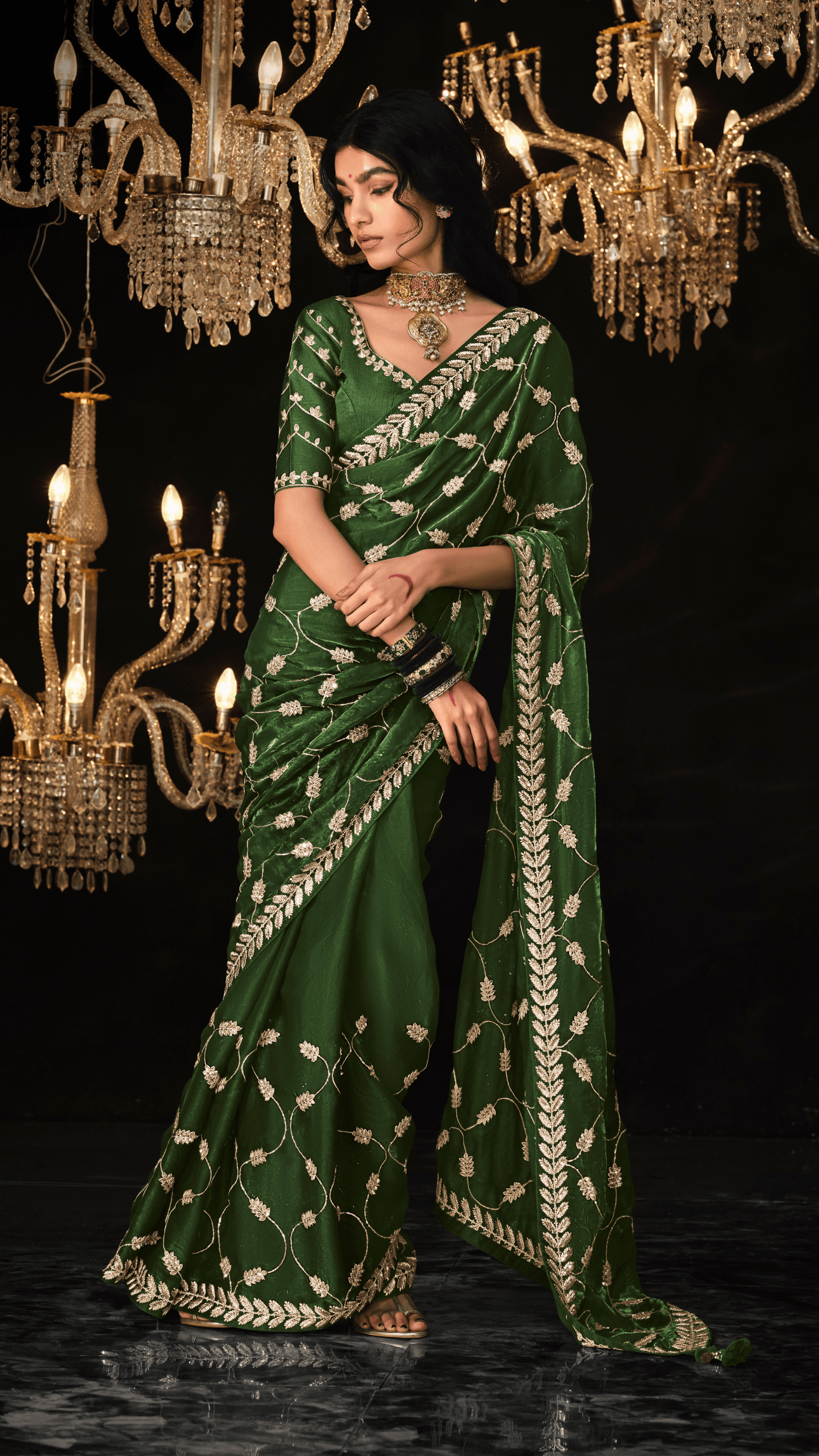 DEEP GREEN SAREE WITH SILVER EMBROIDERY - Kimora.in