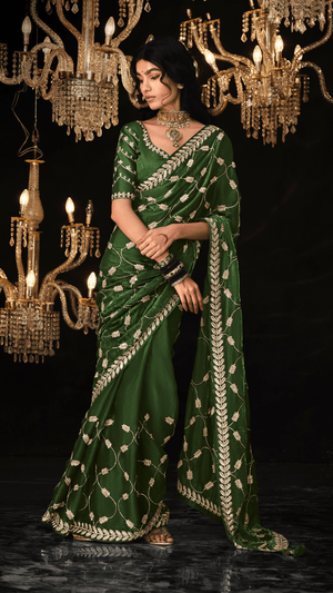 DEEP GREEN SAREE WITH SILVER EMBROIDERY - Kimora.in