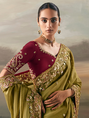 Olive Green Art Silk Saree with Embroidered Border and Maroon Blouse