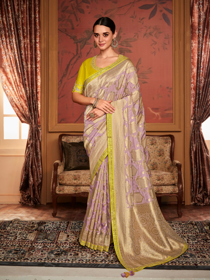 Light Pink Banarasi Silk Saree With Golden Weaving